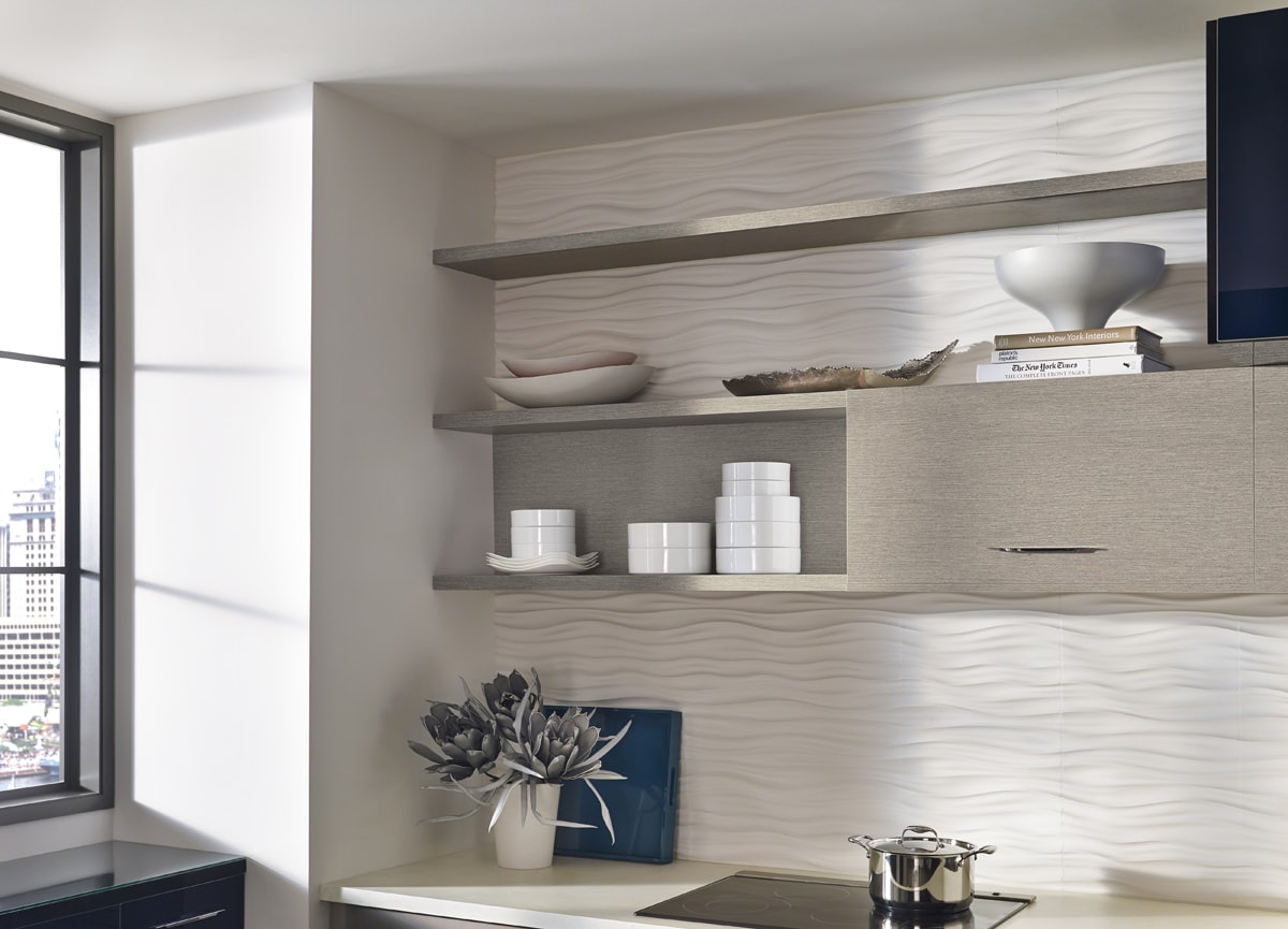 Contemporary kitchen with grey floating shelves.